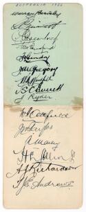 Australian tour of England 1926. Two joined album pages very nicely signed in ink by fifteen members of the Australia touring party, only lacking the signature of Jack Ellis from the full touring party. The signatures are H.L. Collins (Captain), Grimmett,