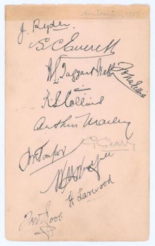 Australia and England signatures 1927/28. Album page signed in ink (one in pencil) by eleven Australian and English cricketers, dated &lsquo;1927&rsquo;. Signatures include Jack Ryder, Sam Everett, Arthur Mailey, Johnny Taylor, Bill Woodfull (Australia), George Geary