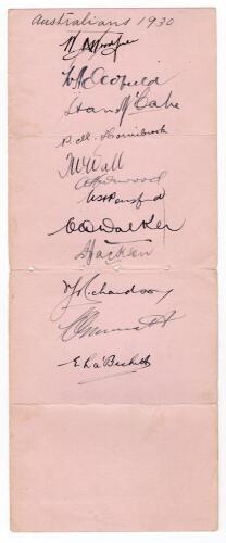 Australian tour of England 1930. Two joined album pages very nicely signed in ink by twelve members of the Australia touring party. The signatures are Woodfull (Captain), Oldfield, McCabe, Hornibrook, Wall, Hurwood, Ponsford, Walker, Jackson, Richardson, 