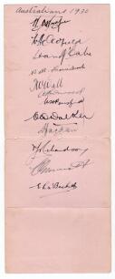 Australian tour of England 1930. Two joined album pages very nicely signed in ink by twelve members of the Australia touring party. The signatures are Woodfull (Captain), Oldfield, McCabe, Hornibrook, Wall, Hurwood, Ponsford, Walker, Jackson, Richardson, 