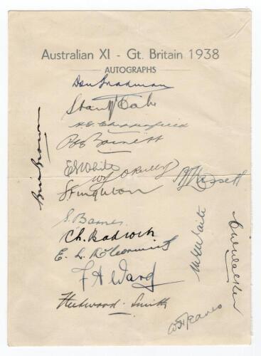 Australian tour of England 1938. &lsquo;Australian XI - Gt. Britain 1938&rsquo;. Official autograph sheet very nicely signed in ink by seventeen members of the touring party. Signatures are Bradman (Captain), McCabe, Badcock, Barnett, Hassett, Fingleton, Barnes, O&rsquo;Re