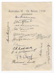 Australian tour of England 1938. &lsquo;Australian XI - Gt. Britain 1938&rsquo;. Official autograph sheet very nicely signed in ink by seventeen members of the touring party. Signatures are Bradman (Captain), McCabe, Badcock, Barnett, Hassett, Fingleton, Barnes, O&rsquo;Re
