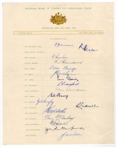 Australian tour of England 1956. Official autograph sheet with printed title and players&rsquo; names, nicely and fully signed in ink by all seventeen members of the touring party. Signatures are Johnson (Captain), Miller, Archer, Benaud, Burge, Burke, Craig, C