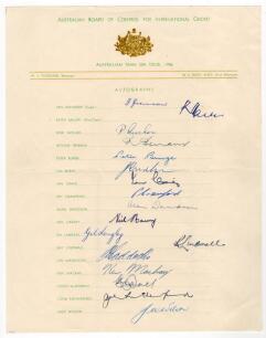 Australian tour of England 1956. Official autograph sheet with printed title and players&rsquo; names, nicely and fully signed in ink by all seventeen members of the touring party. Signatures are Johnson (Captain), Miller, Archer, Benaud, Burge, Burke, Craig, C