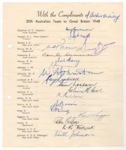 Australian tour of England 1948. Official autograph sheet for the Australian touring team to England 1948. Nicely signed in ink by all eighteen members of the party including Bradman, Harvey, Miller, Hassett, Johnson, Toshack, Harvey, Johnston, Loxton, Mc