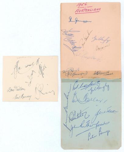Australia tours to England 1953 & 1956. Small page nicely signed in black ink by six members of the 1953 Australian touring party. Signatures are Hassett (Captain), Craig, Hill, Tallon, Harvey and Ring. Sold with two large album pages taped together compr