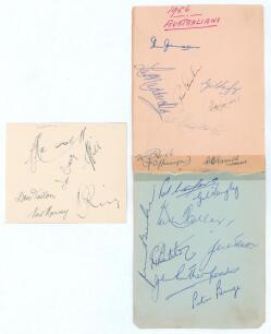 Australia tours to England 1953 & 1956. Small page nicely signed in black ink by six members of the 1953 Australian touring party. Signatures are Hassett (Captain), Craig, Hill, Tallon, Harvey and Ring. Sold with two large album pages taped together compr