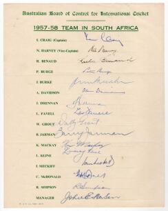 Australian tour of South Africa 1957/58. Official autograph sheet for the Australian touring party very nicely signed by all sixteen of the players and the Manager, John Norton. Signatures are Craig, Harvey, Archer, Benaud, Davidson, Burke, McDonald, Simp