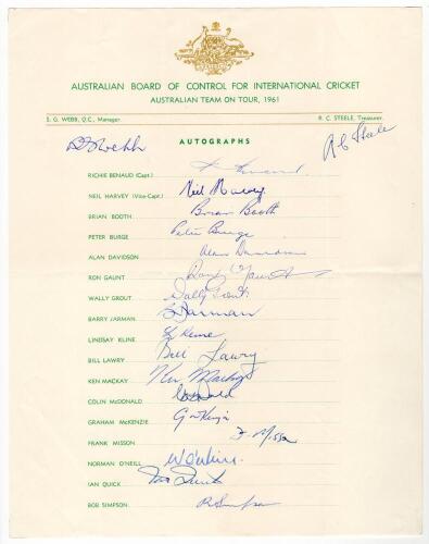 Australian tour of England 1961. Official autograph sheet fully signed in ink by all nineteen members of the touring party. Signatures are Benaud (Captain), Harvey, Booth, Burge, Davidson, Gaunt, Jarman, Kline, Lawry, Mackay, McDonald, McKenzie, Misson, O