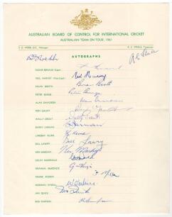 Australian tour of England 1961. Official autograph sheet fully signed in ink by all nineteen members of the touring party. Signatures are Benaud (Captain), Harvey, Booth, Burge, Davidson, Gaunt, Jarman, Kline, Lawry, Mackay, McDonald, McKenzie, Misson, O