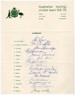 Australia tour to India 1969/70. Official autograph sheet fully signed in ink by all fifteen members of the touring party. Signatures are Lawry (Captain), Chappell, Connolly, Freeman, Gleeson, Irvine, Jordon, McKenzie, Mallett, Mayne, Redpath, Sheahan, St