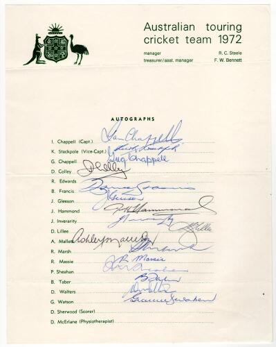 Australian tour of England 1972. Official autograph sheet with printed title and players&rsquo; names, fully signed in ink by all sixteen playing members of the touring party. Signatures are I. Chappell (Captain), Stackpole, G. Chappell, Colley, Francis, Glees