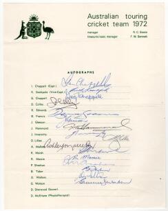 Australian tour of England 1972. Official autograph sheet with printed title and players&rsquo; names, fully signed in ink by all sixteen playing members of the touring party. Signatures are I. Chappell (Captain), Stackpole, G. Chappell, Colley, Francis, Glees