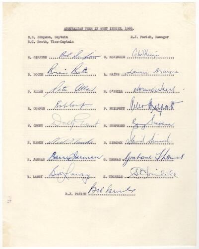 Australian tour of the West Indies 1965. Autograph sheet signed by seventeen members of the touring party in ink. Signatures include Simpson, Booth, Hawke, Lawry, McKenzie, O&rsquo;Neill, Mayne, Cowper, Philpott, Grout, Sincock, Trimble, Thomas etc. Folds other