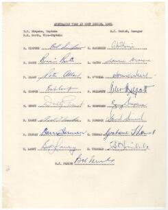 Australian tour of the West Indies 1965. Autograph sheet signed by seventeen members of the touring party in ink. Signatures include Simpson, Booth, Hawke, Lawry, McKenzie, O&rsquo;Neill, Mayne, Cowper, Philpott, Grout, Sincock, Trimble, Thomas etc. Folds other