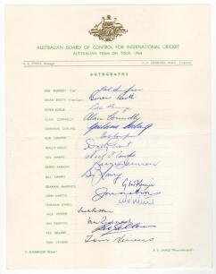 Australian tour of England 1964 and 1968. Official autograph sheets for the two tours, fully signed in ink by all seventeen members of each touring party. Signatures include Simpson (Cpt), Booth, Burge, Connolly, Corling, Cowper, Grout, Hawke, Jarman, Law