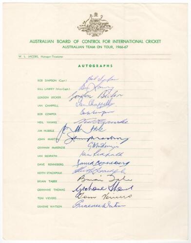 Australian tour of South Africa 1966/67. Official autograph sheet fully signed in ink by all sixteen members of the touring party plus the tour manager Bill Jacobs. Signatures are Simpson (Cpt), Lawry, Becker, Chappell, Cowper, Hawke, Hubble, Martin, McKe