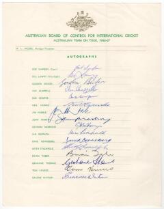 Australian tour of South Africa 1966/67. Official autograph sheet fully signed in ink by all sixteen members of the touring party plus the tour manager Bill Jacobs. Signatures are Simpson (Cpt), Lawry, Becker, Chappell, Cowper, Hawke, Hubble, Martin, McKe