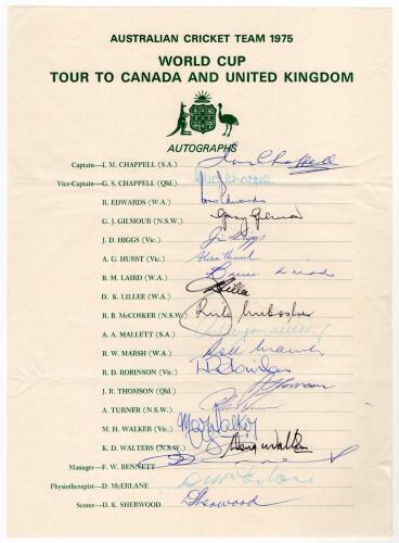 Australian World Cup Tour to Canada and England 1975. Official autograph sheet with printed title and players&rsquo; names, fully signed in different coloured inks by all nineteen listed members of the Australian touring party. Players&rsquo; signatures are I. Chappe
