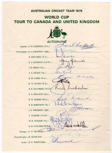 Australian World Cup Tour to Canada and England 1975. Official autograph sheet with printed title and players&rsquo; names, fully signed in different coloured inks by all nineteen listed members of the Australian touring party. Players&rsquo; signatures are I. Chappe