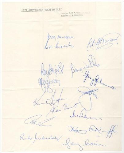 Australian tour of New Zealand 1977. Autograph sheet, with stamped heading &lsquo;1977 Australian Tour of New Zealand&rsquo; to top border signed by sixteen members of the touring party. Signatures include G. Chappell, Marsh, Walters, Lillee, O&rsquo;Keefe, Gilmour, Hughes