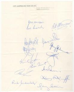 Australian tour of New Zealand 1977. Autograph sheet, with stamped heading &lsquo;1977 Australian Tour of New Zealand&rsquo; to top border signed by sixteen members of the touring party. Signatures include G. Chappell, Marsh, Walters, Lillee, O&rsquo;Keefe, Gilmour, Hughes