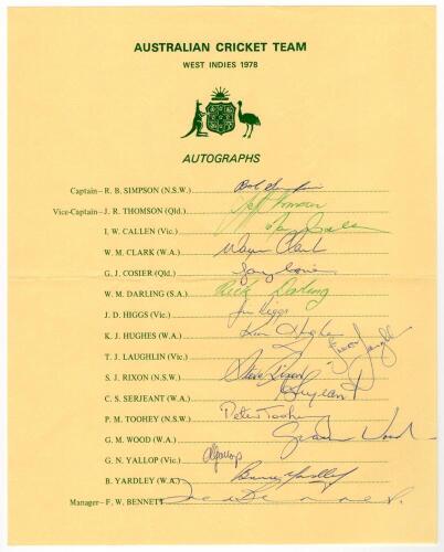 Australian tour of the West Indies 1978. Official autograph sheet fully signed in ink by all sixteen members of the touring party including Simpson, Thomson, Yardley, Hughes, Serjeant, Wood, Yallop, Toohey, Callen, Darling etc. Three signatures in green i