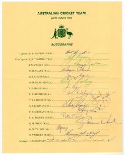 Australian tour of the West Indies 1978. Official autograph sheet fully signed in ink by all sixteen members of the touring party including Simpson, Thomson, Yardley, Hughes, Serjeant, Wood, Yallop, Toohey, Callen, Darling etc. Three signatures in green i