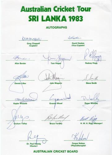 Australia tour to Sri Lanka 1983. Official autograph sheet signed by fifteen members of the Australia touring party. Signatures include G. Chappell (Captain), Hookes, Border, Hogg, Wessels, Wood, Lillee, Yallop, Smith, Yardley etc. Folds otherwise in good