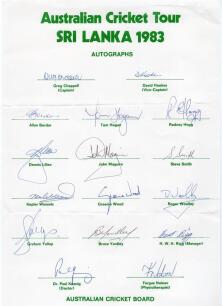 Australia tour to Sri Lanka 1983. Official autograph sheet signed by fifteen members of the Australia touring party. Signatures include G. Chappell (Captain), Hookes, Border, Hogg, Wessels, Wood, Lillee, Yallop, Smith, Yardley etc. Folds otherwise in good