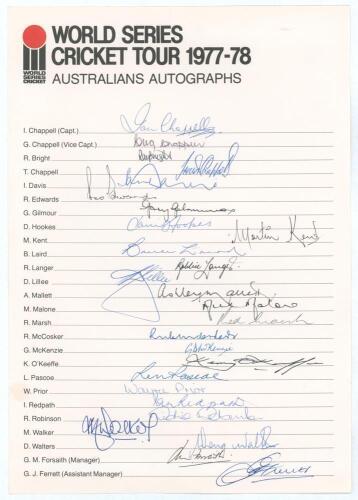 Australia. &lsquo;World Series Cricket Tour 1977-78&rsquo;. Official autograph sheet with printed title and players&rsquo; names, nicely and fully signed by the twenty six members of the Australian touring party. Players&rsquo; signatures include I. Chappell (Captain), G. Chappe