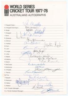 Australia. &lsquo;World Series Cricket Tour 1977-78&rsquo;. Official autograph sheet with printed title and players&rsquo; names, nicely and fully signed by the twenty six members of the Australian touring party. Players&rsquo; signatures include I. Chappell (Captain), G. Chappe
