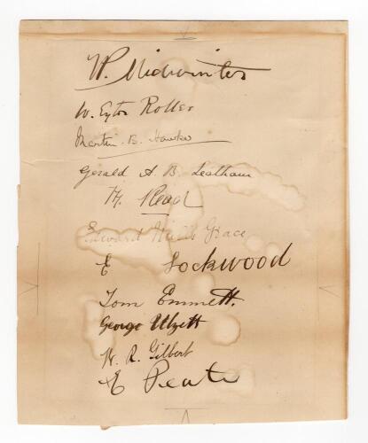 England XI v Australians 1882. Very early large sheet signed in ink by the England XI team who played the Australians at St. George&rsquo;s Park, Harrogate on the 23rd to the 26th September 1882. The sheet with the ink signature of William Evans Midwinter. Vict