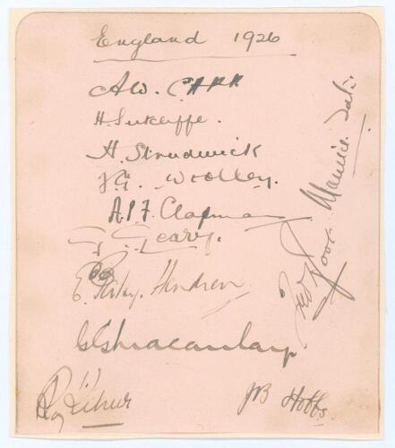 The Ashes. &lsquo;England 1926&rsquo;. Album page very nicely signed in ink by the twelve members of the England team corresponding with the 3rd Test v Australia at Headlingley, 10th- 13th July 1926. Signatures are Carr (Captain), Sutcliffe, Strudwick, Woolley, Chapm