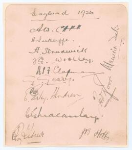 The Ashes. &lsquo;England 1926&rsquo;. Album page very nicely signed in ink by the twelve members of the England team corresponding with the 3rd Test v Australia at Headlingley, 10th- 13th July 1926. Signatures are Carr (Captain), Sutcliffe, Strudwick, Woolley, Chapm
