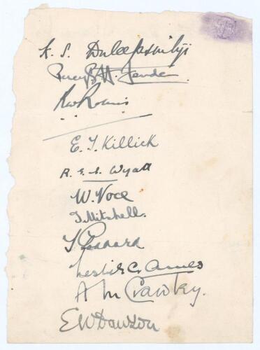 England v The Rest Test Trial 1929. Page very nicely signed in black in by the eleven members of The Rest team for the drawn match played at Lord&rsquo;s 8th- 11th June 1929. Signatures are Duleepsinhji, Fender, Robins, Killick, Wyatt, Voce, Mitchell, Goddard, 