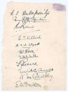 England v The Rest Test Trial 1929. Page very nicely signed in black in by the eleven members of The Rest team for the drawn match played at Lord&rsquo;s 8th- 11th June 1929. Signatures are Duleepsinhji, Fender, Robins, Killick, Wyatt, Voce, Mitchell, Goddard, 