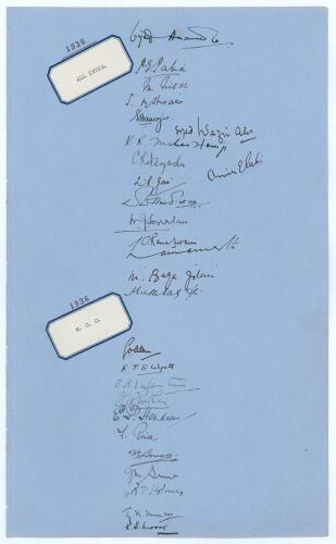 M.C.C. v All India 1936. Large sheet of &lsquo;ledger&rsquo; size paper (9.5&rdquo;x15.5&rdquo;) very nicely signed by the two teams who played at Lord&rsquo;s on the 16th-18th May 1936. Sixteen ink signatures of the All Indian tourists are signed first and below these are eleven ink 