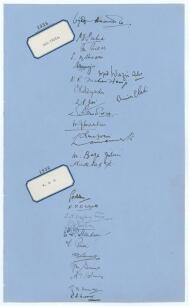 M.C.C. v All India 1936. Large sheet of &lsquo;ledger&rsquo; size paper (9.5&rdquo;x15.5&rdquo;) very nicely signed by the two teams who played at Lord&rsquo;s on the 16th-18th May 1936. Sixteen ink signatures of the All Indian tourists are signed first and below these are eleven ink 