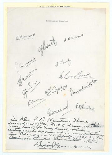 M.C.C. tour to Australia 1936/37. Large page on the letterhead of &lsquo;Leslie James Youngren&rsquo;, nicely signed by thirteen members of the touring party while travelling across America on their return voyage. Signatures are Barnett, Wyatt, Ames, Voce, Verity, Si
