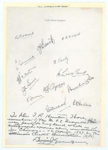 M.C.C. tour to Australia 1936/37. Large page on the letterhead of &lsquo;Leslie James Youngren&rsquo;, nicely signed by thirteen members of the touring party while travelling across America on their return voyage. Signatures are Barnett, Wyatt, Ames, Voce, Verity, Si