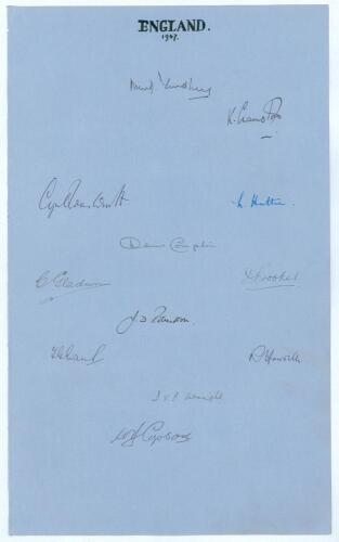 England 1947. Large sheet of &lsquo;ledger&rsquo; size paper (9.5&rdquo;x15.5&rdquo;) very nicely signed by the England team who played South Africa in the 5th Test at the Oval on 16th-20th August 1947, title in ink to the top border. Twelve ink signatures including Yardley (Cpt
