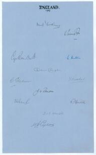England 1947. Large sheet of &lsquo;ledger&rsquo; size paper (9.5&rdquo;x15.5&rdquo;) very nicely signed by the England team who played South Africa in the 5th Test at the Oval on 16th-20th August 1947, title in ink to the top border. Twelve ink signatures including Yardley (Cpt