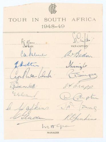 M.C.C. tour to South Africa 1948/49. Small official M.C.C. autograph sheet with printed title fully and nicely signed in ink by all seventeen members of the touring party. Signatures are Mann (Captain), Griffith, Palmer, Bedser, Hutton, Knight, Washbrook,