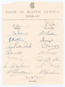 M.C.C. tour to South Africa 1948/49. Small official M.C.C. autograph sheet with printed title fully and nicely signed in ink by all seventeen members of the touring party. Signatures are Mann (Captain), Griffith, Palmer, Bedser, Hutton, Knight, Washbrook,