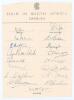 M.C.C. tour to South Africa 1948/49. Small official M.C.C. autograph sheet with printed title fully and nicely signed in ink by all seventeen members of the touring party. Signatures are Mann (Captain), Griffith, Palmer, Bedser, Hutton, Knight, Washbrook,