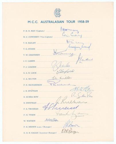 M.C.C. tour to Australia 1958/59. Official M.C.C. autograph sheet with printed title and players&rsquo; names, fully signed in ink by all eighteen listed members of the touring party. Player&rsquo;s signatures are May (Captain), Cowdrey, Bailey, Evans, Graveney, Lake