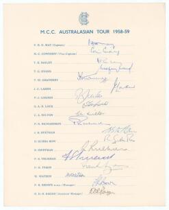 M.C.C. tour to Australia 1958/59. Official M.C.C. autograph sheet with printed title and players&rsquo; names, fully signed in ink by all eighteen listed members of the touring party. Player&rsquo;s signatures are May (Captain), Cowdrey, Bailey, Evans, Graveney, Lake