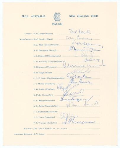 M.C.C. tour of Australia and New Zealand 1962/63. Official M.C.C. autograph sheet with printed title and players&rsquo; names. Nicely signed in ink by sixteen playing members of the touring party. Signatures are Dexter (Captain), Cowdrey, Allen, Barrington, Col