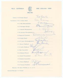M.C.C. tour of Australia and New Zealand 1962/63. Official M.C.C. autograph sheet with printed title and players&rsquo; names. Nicely signed in ink by sixteen playing members of the touring party. Signatures are Dexter (Captain), Cowdrey, Allen, Barrington, Col